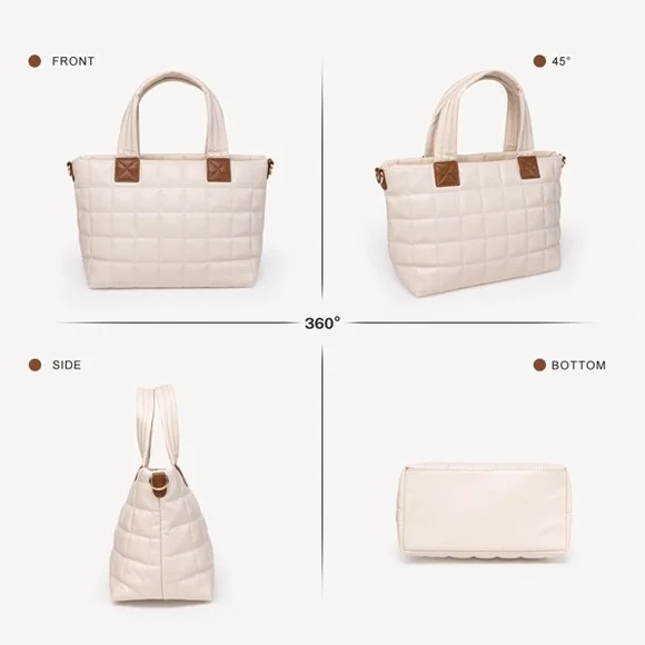 Women’s zipper handbag Elegant Cream Quilted Tote Bag - Picture 6 of 6